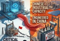 IMAGE: A split illustration shows a blue US side with high-tech AI infrastructure and a broken power grid, connected by red wires to a vibrant orange Chinese side featuring robust electrical manufacturing and engineering