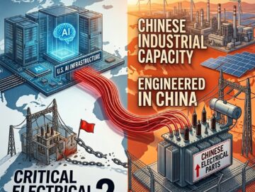 IMAGE: A split illustration shows a blue US side with high-tech AI infrastructure and a broken power grid, connected by red wires to a vibrant orange Chinese side featuring robust electrical manufacturing and engineering