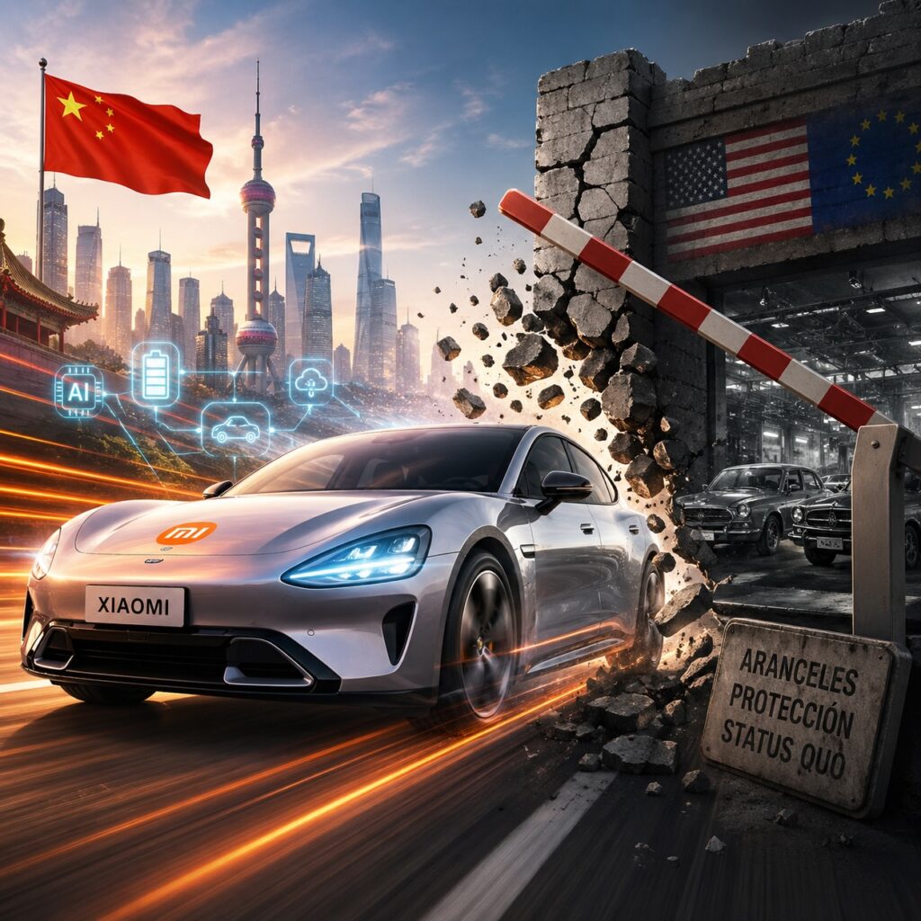 IMAGE: A futuristic electric car bursts through a crumbling barrier separating a vibrant, high-tech Chinese cityscape from a dim, aging Western industrial scene, symbolizing innovation breaking through protectionism 