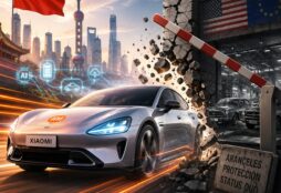 IMAGE: A futuristic electric car bursts through a crumbling barrier separating a vibrant, high-tech Chinese cityscape from a dim, aging Western industrial scene, symbolizing innovation breaking through protectionism