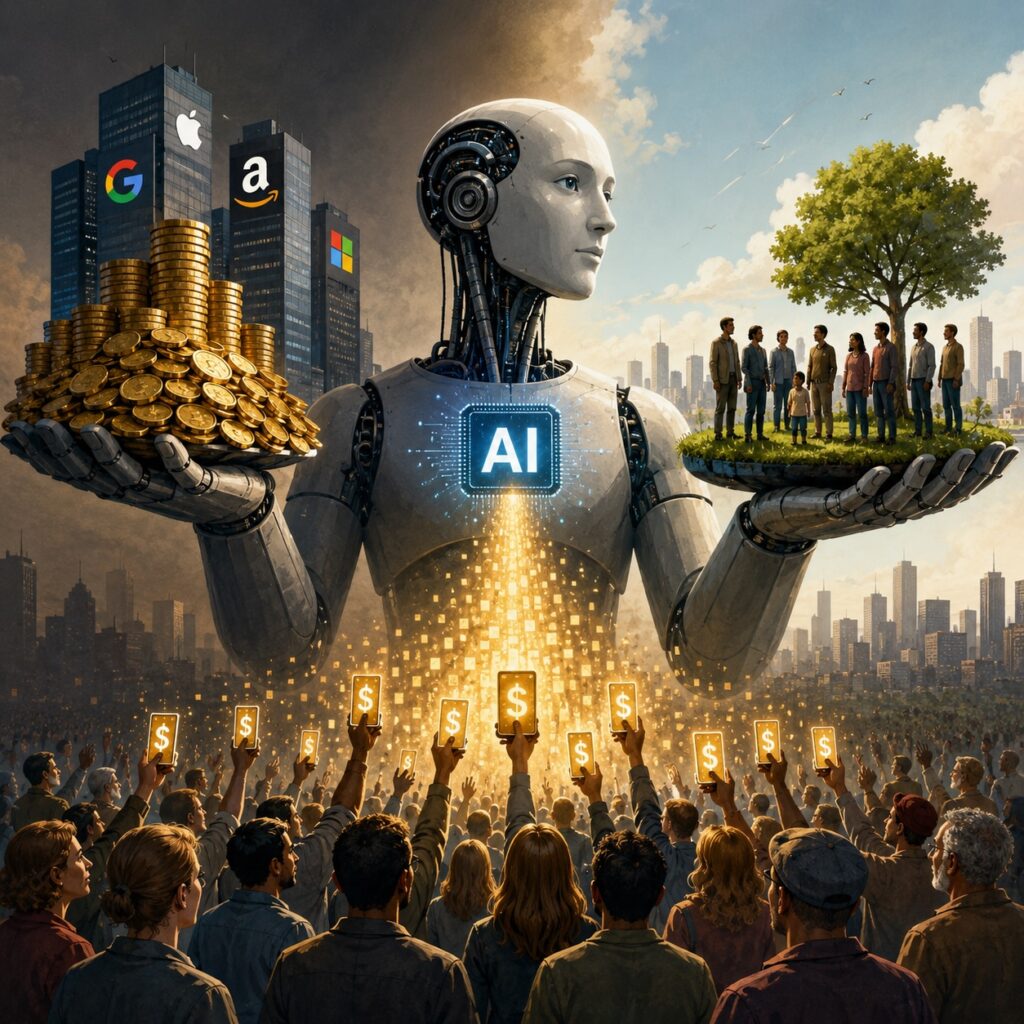 IMAGE: A large humanoid robot representing AI balances a pile of corporate wealth on one hand and a small group of people on a green platform on the other, while a crowd below reaches upward as digital money flows down 