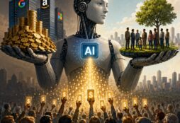 IMAGE: A large humanoid robot representing AI balances a pile of corporate wealth on one hand and a small group of people on a green platform on the other, while a crowd below reaches upward as digital money flows down