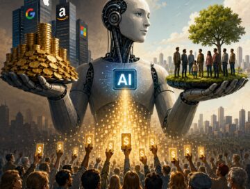 IMAGE: A large humanoid robot representing AI balances a pile of corporate wealth on one hand and a small group of people on a green platform on the other, while a crowd below reaches upward as digital money flows down