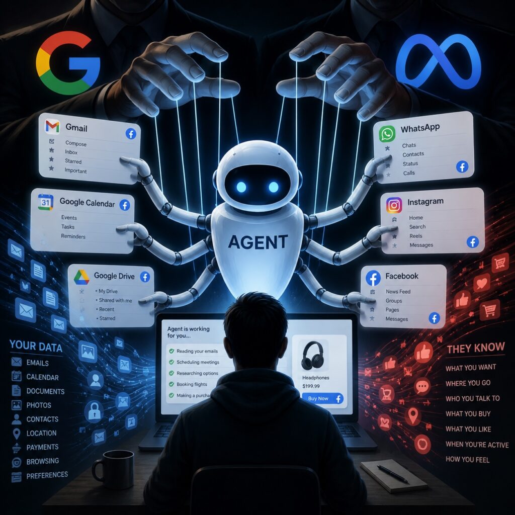 IMAGE: A user sits at a computer while a glowing AI agent, controlled like a puppet by shadowy figures above, manages apps like Gmail, Google Drive, Facebook, Instagram, and WhatsApp, surrounded by flowing personal data that reveals how much the system knows about them 