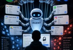 IMAGE: A user sits at a computer while a glowing AI agent, controlled like a puppet by shadowy figures above, manages apps like Gmail, Google Drive, Facebook, Instagram, and WhatsApp, surrounded by flowing personal data that reveals how much the system knows about them