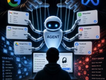 IMAGE: A user sits at a computer while a glowing AI agent, controlled like a puppet by shadowy figures above, manages apps like Gmail, Google Drive, Facebook, Instagram, and WhatsApp, surrounded by flowing personal data that reveals how much the system knows about them