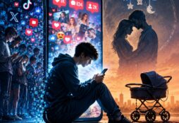 IMAGE: A young man sits absorbed in his smartphone amid glowing social media icons, while an empty stroller and a fading image of a couple symbolize loneliness, isolation, and declining birth rates in the digital age