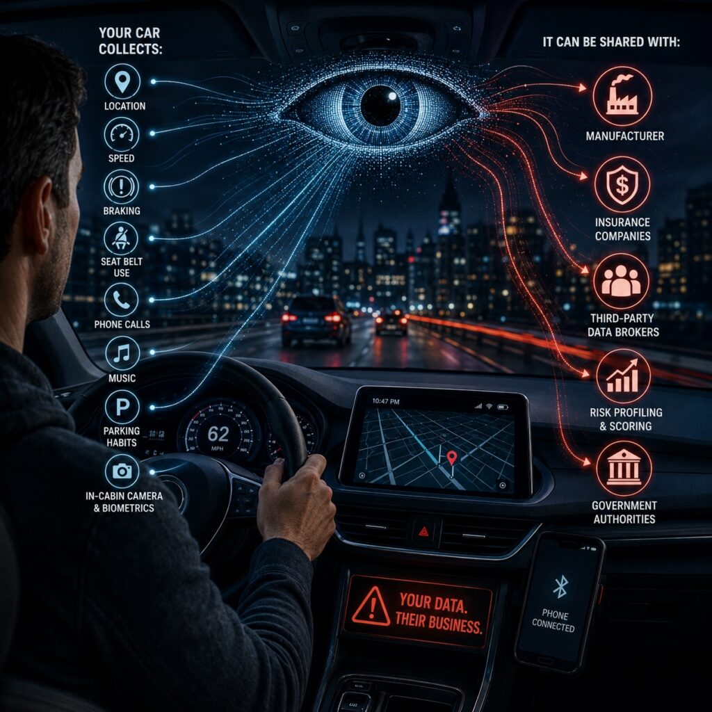 IMAGE: A driver travels through a city at night while a giant digital eye hovers above the car, visualizing how connected vehicles collect personal driving data and share it with manufacturers, insurers, brokers, and authorities 