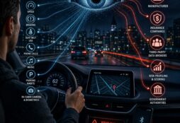 IMAGE: A driver travels through a city at night while a giant digital eye hovers above the car, visualizing how connected vehicles collect personal driving data and share it with manufacturers, insurers, brokers, and authorities
