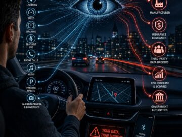 IMAGE: A driver travels through a city at night while a giant digital eye hovers above the car, visualizing how connected vehicles collect personal driving data and share it with manufacturers, insurers, brokers, and authorities