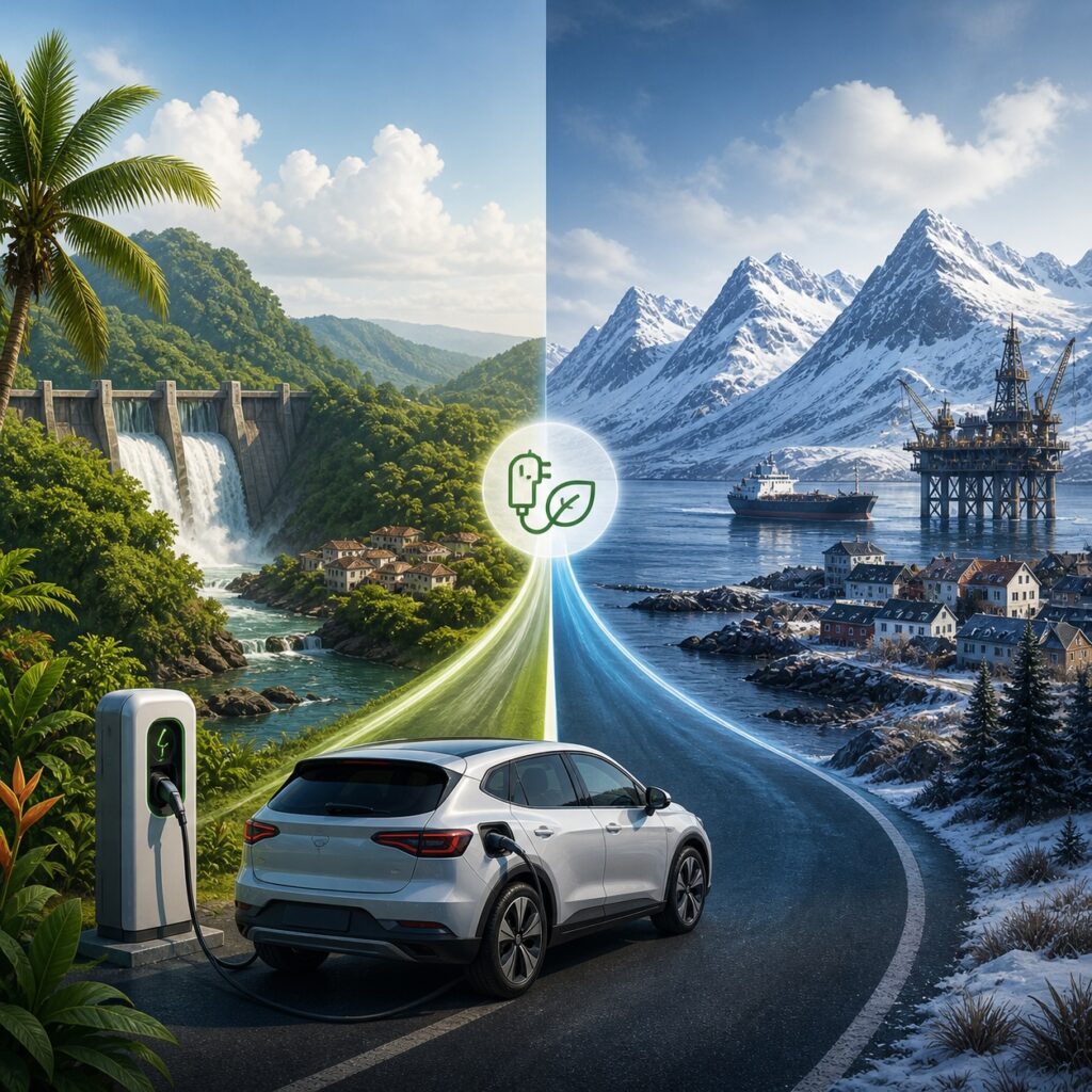 IMAGE: Ilustración dividida en dos paisajes: a la izquierda, un entorno tropical con una presa hidroeléctrica y un coche eléctrico cargando; a la derecha, un paisaje nórdico con montañas nevadas y una plataforma petrolera en el mar, ambos conectados por una carretera que simboliza la transición hacia la electrificación 