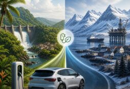 IMAGE: Ilustración dividida en dos paisajes: a la izquierda, un entorno tropical con una presa hidroeléctrica y un coche eléctrico cargando; a la derecha, un paisaje nórdico con montañas nevadas y una plataforma petrolera en el mar, ambos conectados por una carretera que simboliza la transición hacia la electrificación