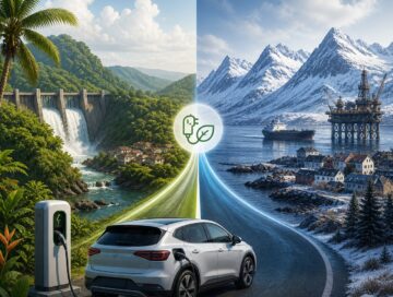 IMAGE: Ilustración dividida en dos paisajes: a la izquierda, un entorno tropical con una presa hidroeléctrica y un coche eléctrico cargando; a la derecha, un paisaje nórdico con montañas nevadas y una plataforma petrolera en el mar, ambos conectados por una carretera que simboliza la transición hacia la electrificación