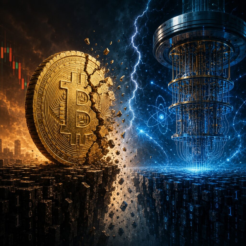 IMAGE: A cracked Bitcoin coin faces a futuristic quantum computer across a glowing chasm, symbolizing the collision between cryptocurrency and quantum technology