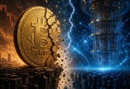 IMAGE: A cracked Bitcoin coin faces a futuristic quantum computer across a glowing chasm, symbolizing the collision between cryptocurrency and quantum technology