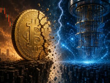 IMAGE: A cracked Bitcoin coin faces a futuristic quantum computer across a glowing chasm, symbolizing the collision between cryptocurrency and quantum technology