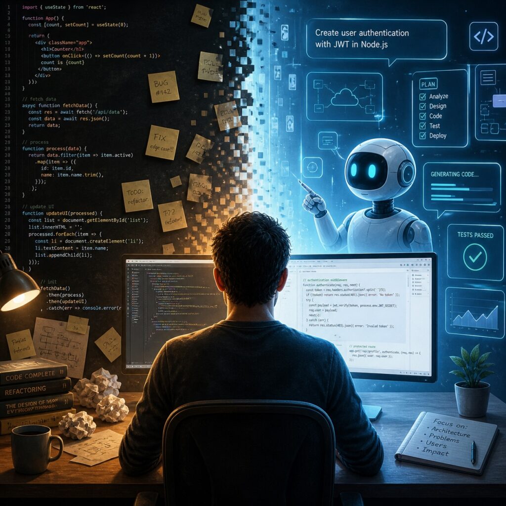 IMAGE: A developer sits at a desk facing two screens, with one side showing messy handwritten notes and raw code, while the other side features a clean, futuristic interface where an AI assistant generates and manages software 