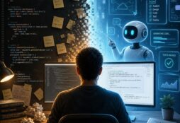 IMAGE: A developer sits at a desk facing two screens, with one side showing messy handwritten notes and raw code, while the other side features a clean, futuristic interface where an AI assistant generates and manages software