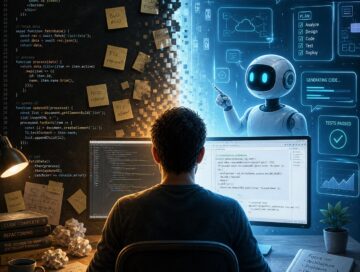 IMAGE: A developer sits at a desk facing two screens, with one side showing messy handwritten notes and raw code, while the other side features a clean, futuristic interface where an AI assistant generates and manages software