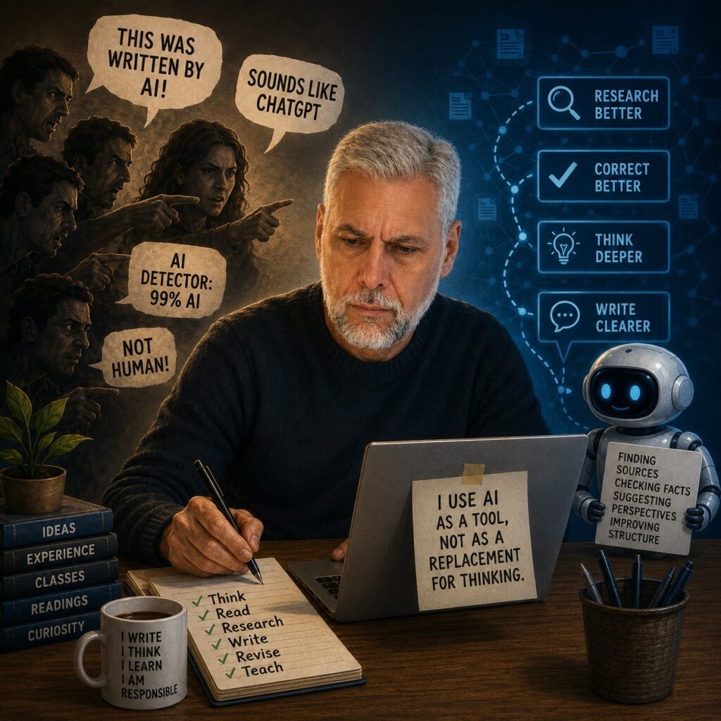 IMAGE: A writer sits at his desk, surrounded by accusing hands and speech bubbles suggesting his work is AI-generated, while he continues writing thoughtfully, with a calm AI presence behind him symbolizing assistance rather than replacement 