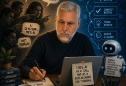 IMAGE: A writer sits at his desk, surrounded by accusing hands and speech bubbles suggesting his work is AI-generated, while he continues writing thoughtfully, with a calm AI presence behind him symbolizing assistance rather than replacement
