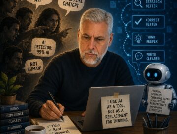 IMAGE: A writer sits at his desk, surrounded by accusing hands and speech bubbles suggesting his work is AI-generated, while he continues writing thoughtfully, with a calm AI presence behind him symbolizing assistance rather than replacement