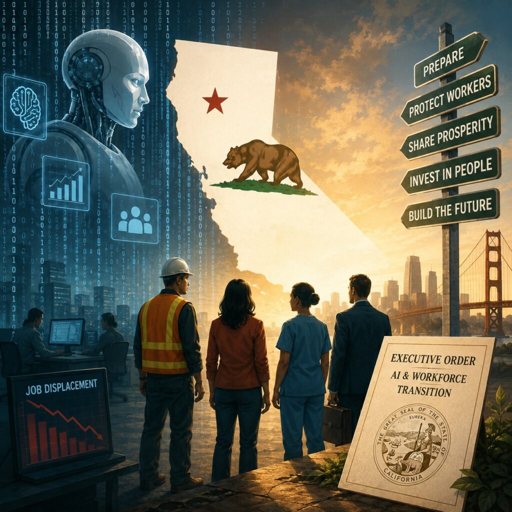 IMAGE: A dramatic editorial illustration shows California confronting the social impact of artificial intelligence, with workers facing a giant humanoid AI figure amid symbols of automation, economic disruption, and public policy 