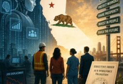 IMAGE: A dramatic editorial illustration shows California confronting the social impact of artificial intelligence, with workers facing a giant humanoid AI figure amid symbols of automation, economic disruption, and public policy