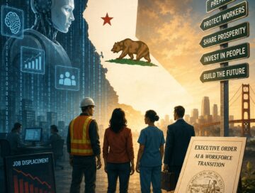 IMAGE: A dramatic editorial illustration shows California confronting the social impact of artificial intelligence, with workers facing a giant humanoid AI figure amid symbols of automation, economic disruption, and public policy