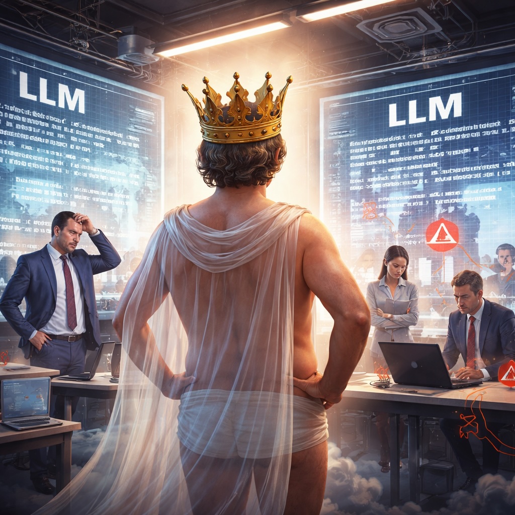 IMAGE: A modern office scene shows a nearly naked emperor wearing a crown and a translucent cloak, standing confidently while stressed employees work around him; large screens behind display "LLM" systems with errors, symbolizing the illusion of powerful AI in corporate environments 