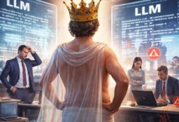 IMAGE: A modern office scene shows a nearly naked emperor wearing a crown and a translucent cloak, standing confidently while stressed employees work around him; large screens behind display "LLM" systems with errors, symbolizing the illusion of powerful AI in corporate environments