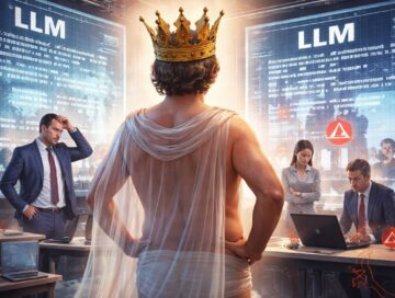 IMAGE: A modern office scene shows a nearly naked emperor wearing a crown and a translucent cloak, standing confidently while stressed employees work around him; large screens behind display "LLM" systems with errors, symbolizing the illusion of powerful AI in corporate environments
