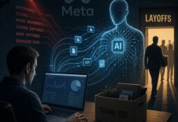 IMAGE: A worker sits at a laptop under digital surveillance while a glowing AI figure absorbs data from his actions, as other employees leave through a door marked layoffs in the background