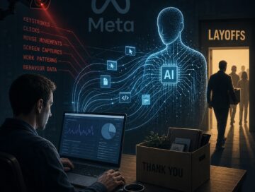 IMAGE: A worker sits at a laptop under digital surveillance while a glowing AI figure absorbs data from his actions, as other employees leave through a door marked layoffs in the background