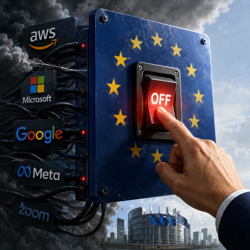 IMAGE: A hand switches off a giant control panel decorated with the European Union flag, disconnecting major US tech companies amid dark clouds and tangled cables 