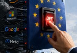 IMAGE: A hand switches off a giant control panel decorated with the European Union flag, disconnecting major US tech companies amid dark clouds and tangled cables