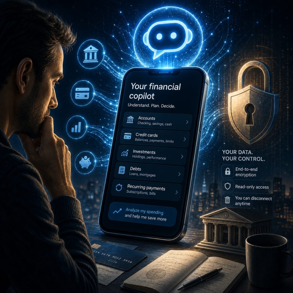 IMAGE: A man studies a futuristic AI finance assistant on a smartphone screen showing bank accounts, investments, and privacy controls in English, surrounded by glowing financial and cybersecurity symbols 