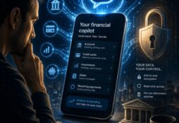IMAGE: A man studies a futuristic AI finance assistant on a smartphone screen showing bank accounts, investments, and privacy controls in English, surrounded by glowing financial and cybersecurity symbols