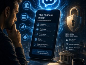 IMAGE: A man studies a futuristic AI finance assistant on a smartphone screen showing bank accounts, investments, and privacy controls in English, surrounded by glowing financial and cybersecurity symbols