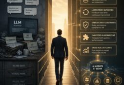 IMAGE: A person walks across a narrow bridge from a dark, cluttered workspace into a bright, organized environment filled with interconnected systems, symbolizing the transition from ineffective AI tools to integrated, action-oriented enterprise systems