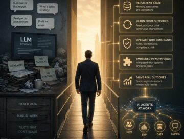 IMAGE: A person walks across a narrow bridge from a dark, cluttered workspace into a bright, organized environment filled with interconnected systems, symbolizing the transition from ineffective AI tools to integrated, action-oriented enterprise systems