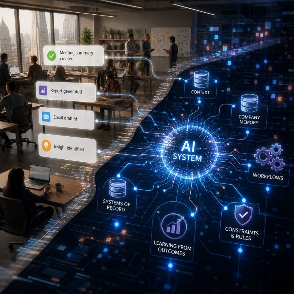 IMAGE: A modern office scene blends into a glowing digital network beneath it, where an AI system connects company data, workflows, and decisions, symbolizing intelligence embedded within the organization 