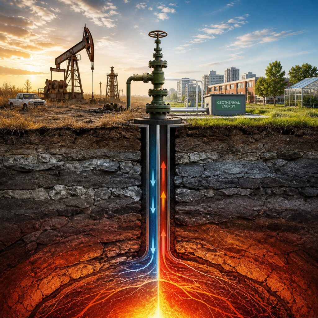 IMAGE: A cross-section illustration showing an abandoned oil well transformed into a geothermal energy system, with underground heat flowing upward toward a clean modern cityscape 