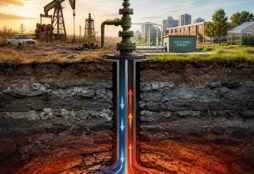 IMAGE: A cross-section illustration showing an abandoned oil well transformed into a geothermal energy system, with underground heat flowing upward toward a clean modern cityscape