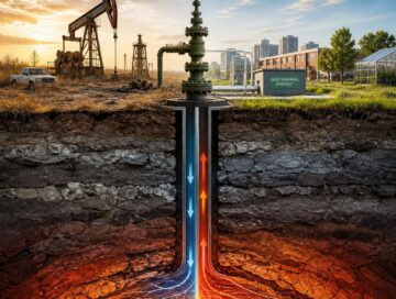 IMAGE: A cross-section illustration showing an abandoned oil well transformed into a geothermal energy system, with underground heat flowing upward toward a clean modern cityscape