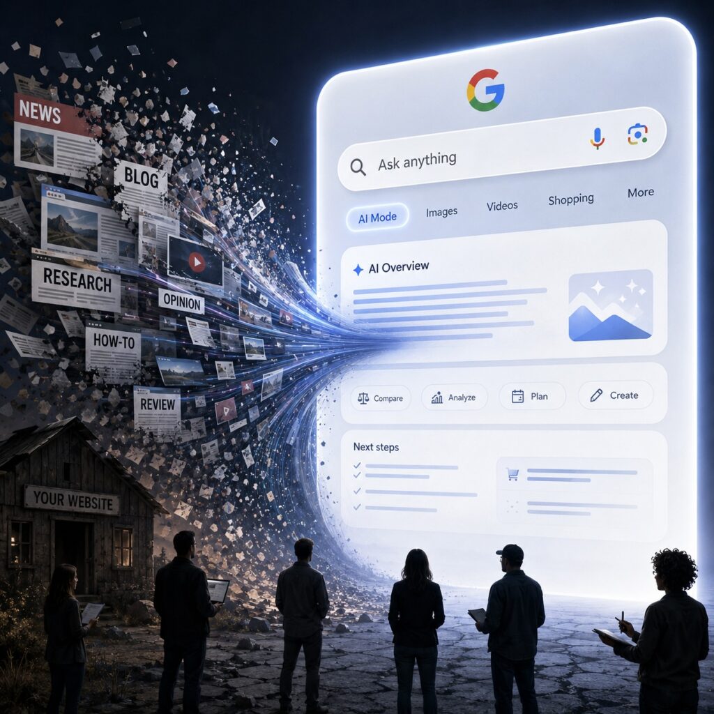 IMAGE: A dramatic futuristic scene showing the open web being sucked into a giant AI-powered search interface, while content creators watch as their articles, videos, and websites disappear into the system 
