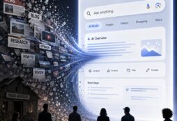 IMAGE: A dramatic futuristic scene showing the open web being sucked into a giant AI-powered search interface, while content creators watch as their articles, videos, and websites disappear into the system