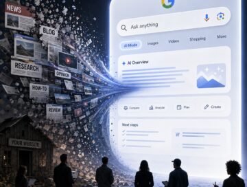 IMAGE: A dramatic futuristic scene showing the open web being sucked into a giant AI-powered search interface, while content creators watch as their articles, videos, and websites disappear into the system