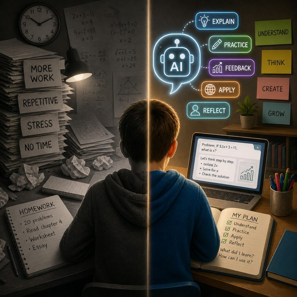 IMAGE: A split scene shows a student sitting at a desk: the left side is dark and cluttered with piles of repetitive homework and stress, while the right side is bright and organized, with a laptop displaying AI-assisted learning tools that emphasize understanding, practice, and reflection 