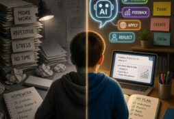 A split scene shows a student sitting at a desk: the left side is dark and cluttered with piles of repetitive homework and stress, while the right side is bright and organized, with a laptop displaying AI-assisted learning tools that emphasize understanding, practice, and reflection.